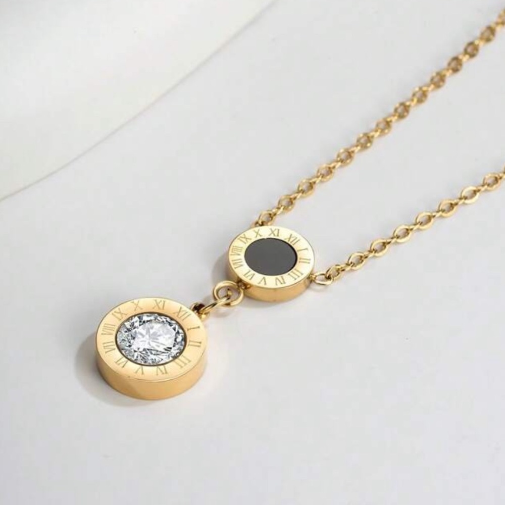Gold plated stainless steel black and stone Roman numeral necklace